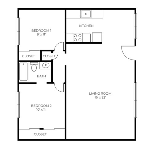 Floor plan for 2 beds, 1 bath, 773 sqft